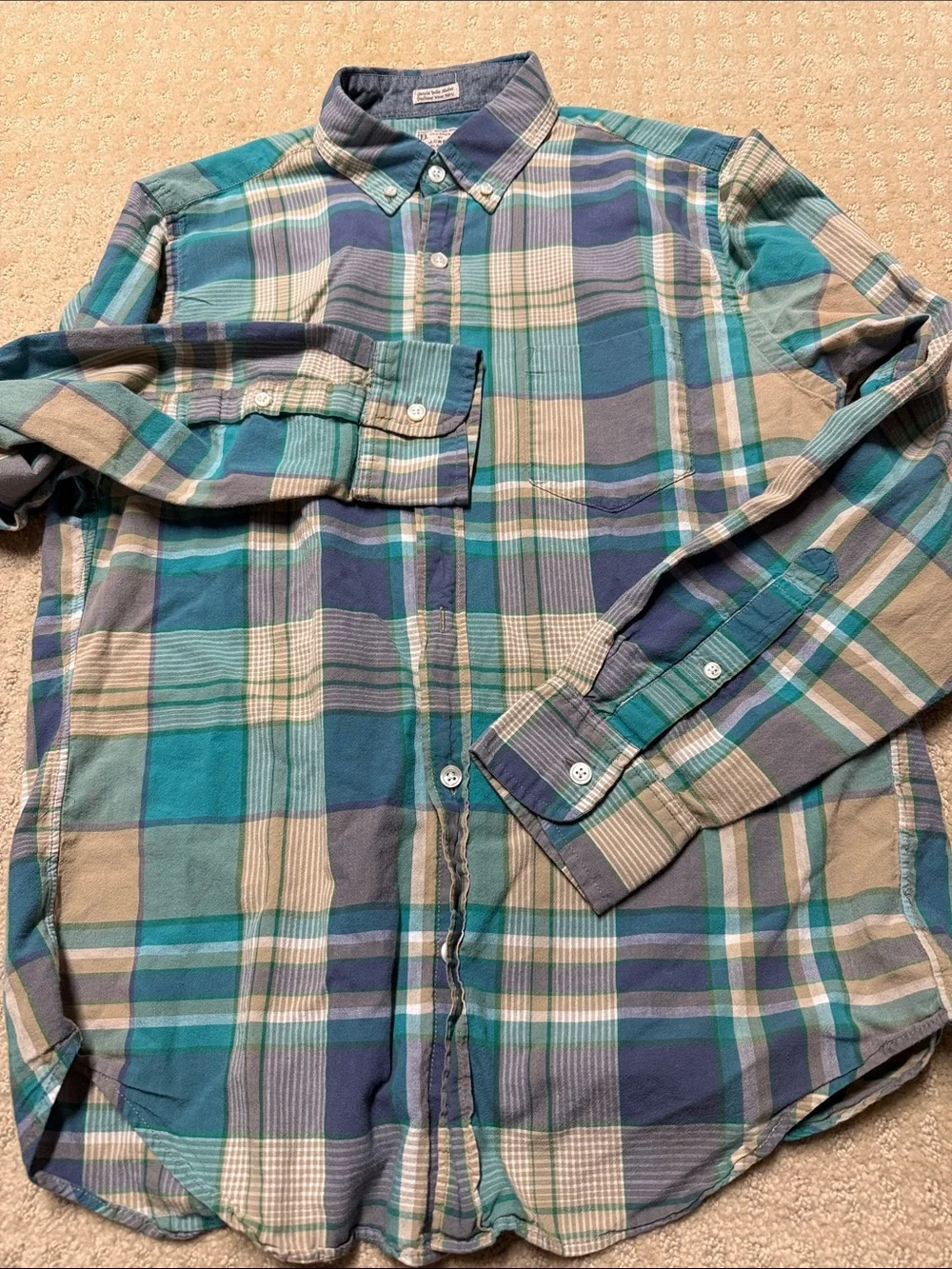 J. Crew Teal, Blue & Cream Plaid Button-Down Shirt